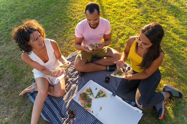 Grupo de amigos disfrutando de pizza comiendo en el parque