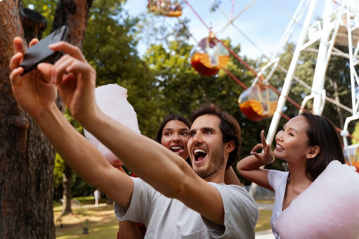Foto gratuito grupo de amigos divirtiéndose juntos en una noria