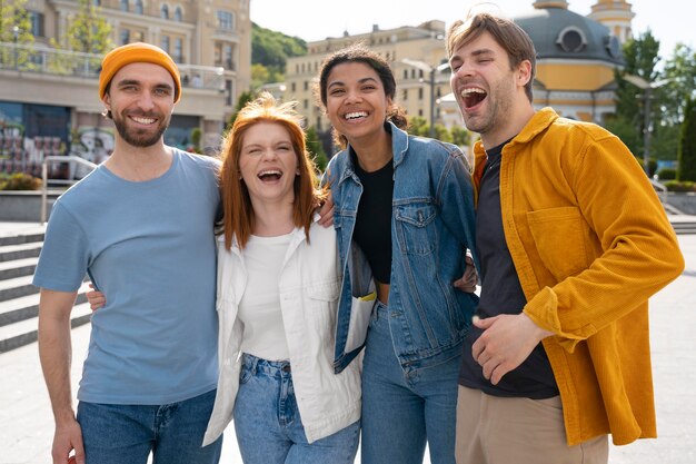 Grupo de amigos felices de tiro medio en la ciudad