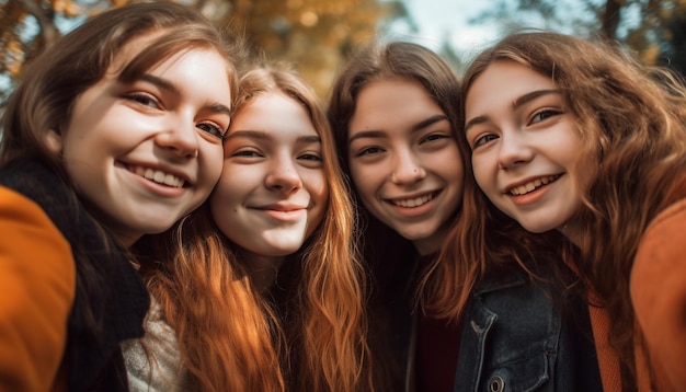 Grupo de amigos sonrientes disfrutando del otoño al aire libre generado por IA