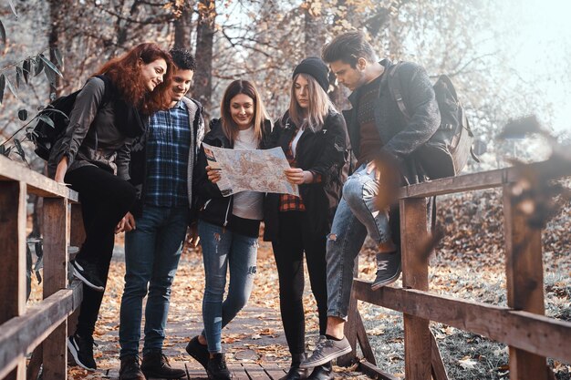 Un grupo de amigos tiene un buen viaje en el parque de hojas doradas de otoño, están usando un mapa para tratar de entender dónde están.