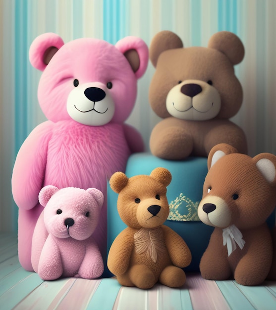 Foto gratuita un grupo de animales de peluche, incluido un oso rosa.