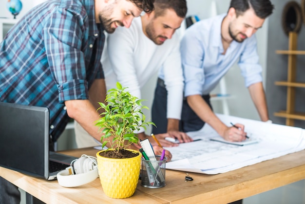 Grupo de arquitecto masculino que trabaja en modelo con la planta de tiesto en el escritorio