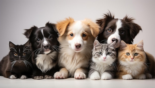 Grupo de cachorros lindos sentados mirando una cámara en interiores generada por inteligencia artificial