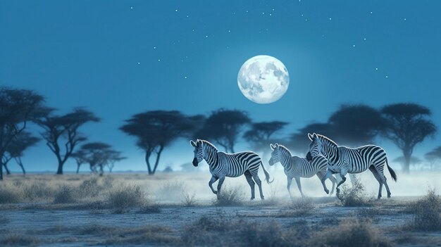 Grupo de cebras corriendo por la sabana africana con imagen generada por IA de luna llena