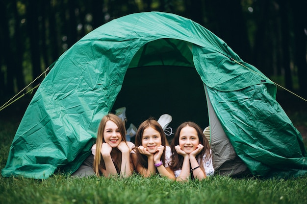 Grupo de chicas acampando en el bosque