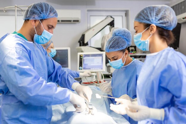 Grupo de cirujanos que usan máscaras de seguridad que realizan la operación Medicina concepto cirugía medicina y personas concepto grupo de cirujanos en operación en quirófano en el hospital