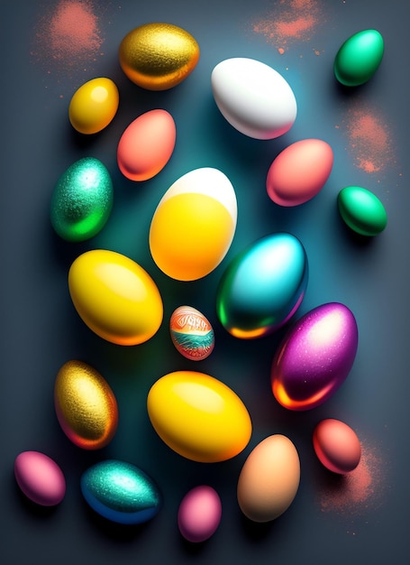 Foto gratuita un grupo de coloridos huevos de pascua están sobre un fondo azul.