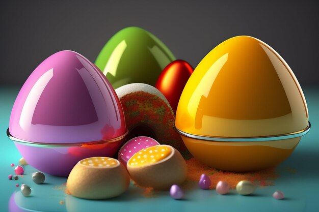 Un grupo de coloridos huevos de pascua con uno que dice 'pascua'