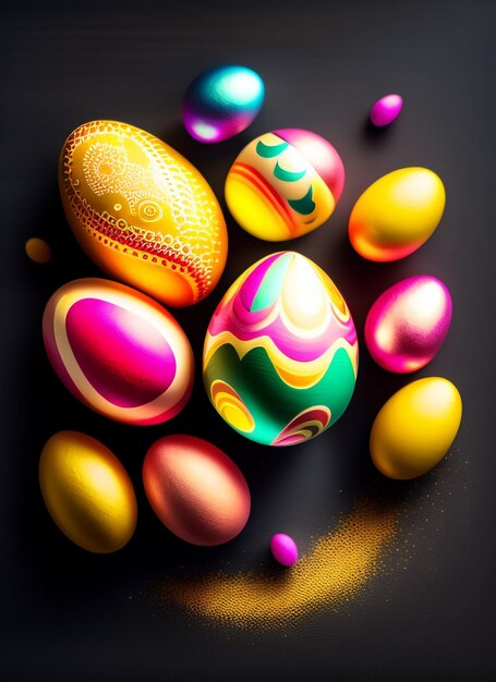 Un grupo de coloridos huevos de pascua sobre un fondo negro