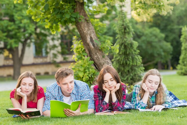 Grupo de estudiantes jóvenes estudiando en parque