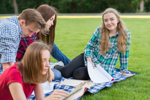 Grupo de estudiantes jóvenes estudiando en parque