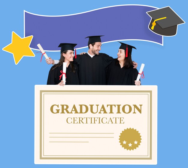Grupo de graduados en toga y birrete con certificado de graduación.