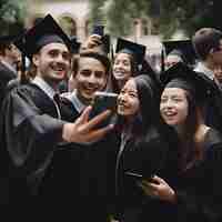 Foto gratuita grupo de graduados tomando una selfie con un teléfono móvil grupo de jóvenes con trajes de graduación y cartón de mortero tomando una selfie con un teléfono inteligente