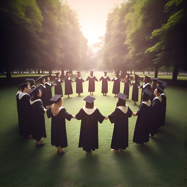 Foto gratuita grupo de graduados en vestidos de graduación de pie en una fila en el parque