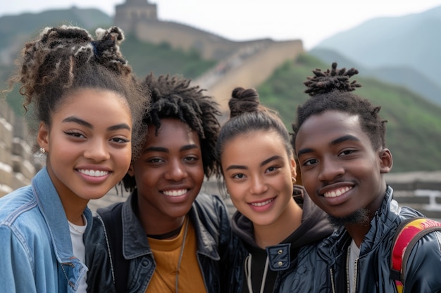 Foto gratuita grupo de jóvenes amigos visitando la gran muralla de china