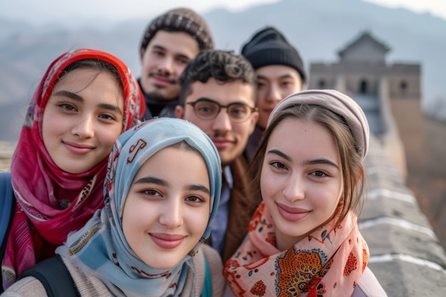 Foto gratuita grupo de jóvenes amigos visitando la gran muralla de china