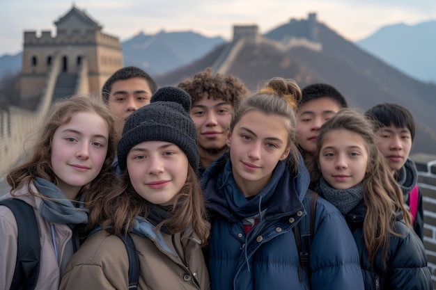 Grupo de jóvenes amigos visitando la Gran Muralla de China