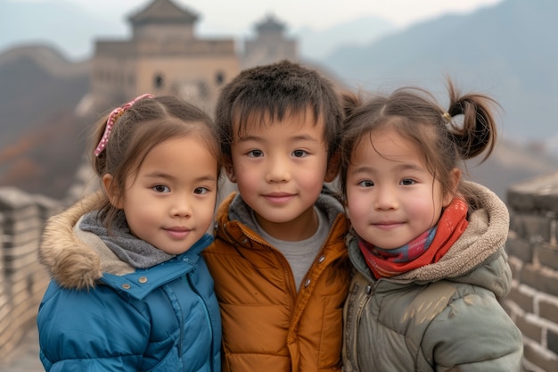 Grupo de jóvenes amigos visitando la Gran Muralla de China