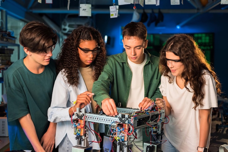 Foto gratuito grupo de jóvenes haciendo experimentos en robótica en un laboratorio chicas con gafas protectoras