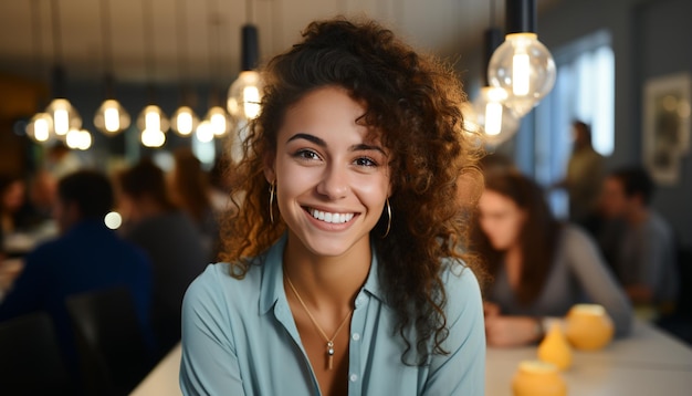 Un grupo de jóvenes sonrientes disfrutando del éxito en el trabajo generado por la inteligencia artificial