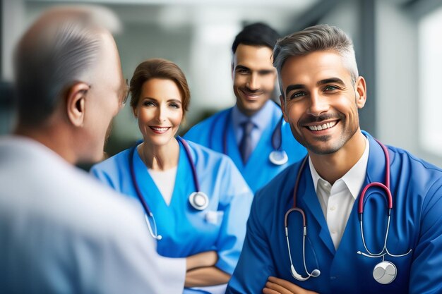 Un grupo de médicos con batas azules y batas se paran en una sala de reuniones.