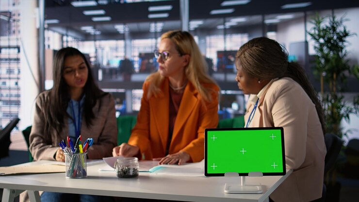 Foto gratuito grupo de mujeres empresarias compartiendo ideas sobre un nuevo proyecto junto al espacio de copia