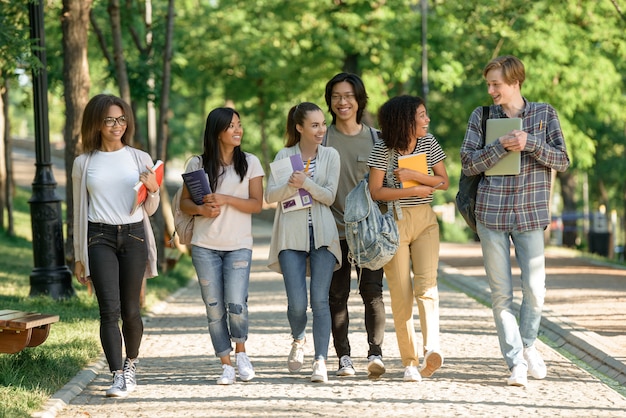 Grupo multiétnico de jóvenes estudiantes alegres caminando