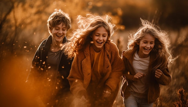 Foto gratuita grupo de niños despreocupados disfrutando juntos del otoño al aire libre generado por ia