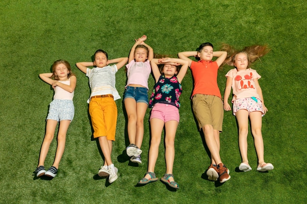 Foto gratuita grupo de niños felices jugando al aire libre.