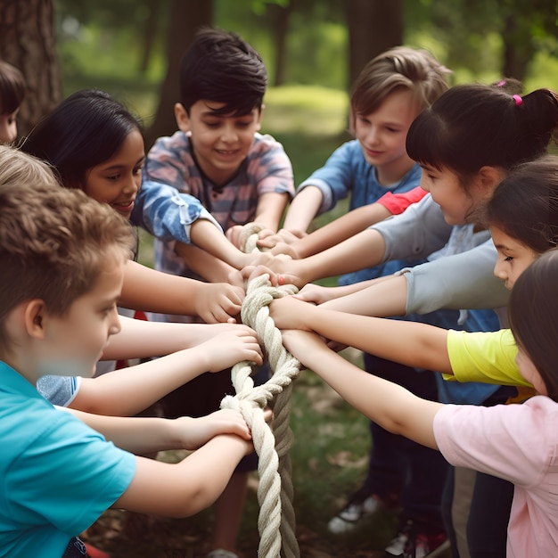 Foto gratuita grupo de niños jugando al tira y afloja en el parque