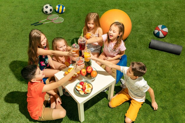 El grupo de niños y niñas adolescentes sentados sobre la hierba verde en el parque