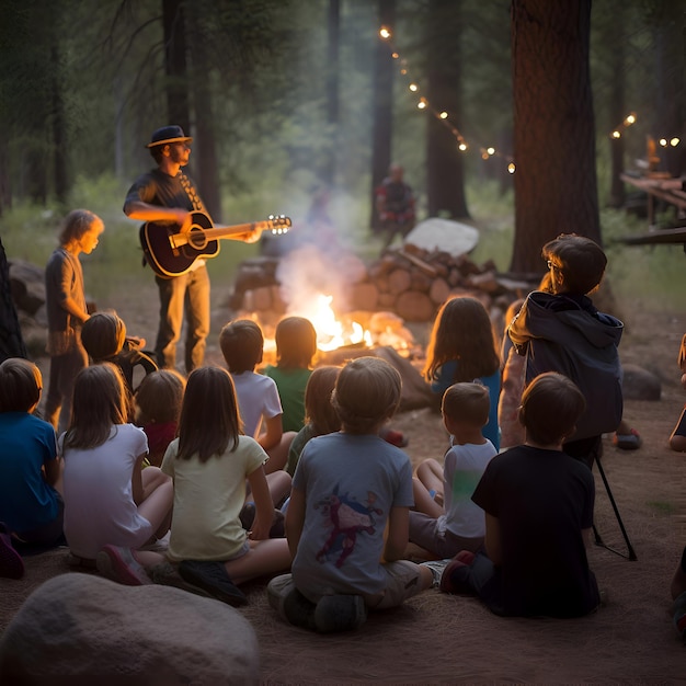 Foto gratuita un grupo de niños sentados alrededor de una hoguera y tocando la guitarra en el bosque