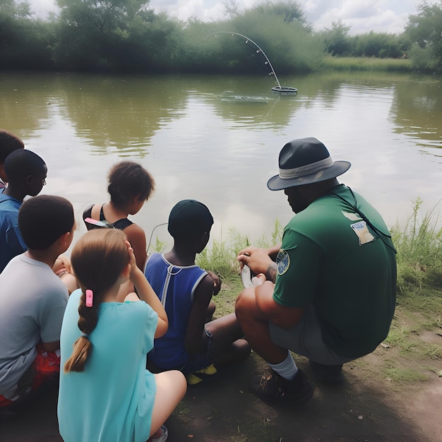 Foto gratuita grupo de niños sentados en la orilla de un lago con una caña de pescar