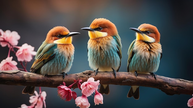 Grupo de pequeños pájaros BeeEater en una rama con flor