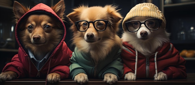 Grupo de perros con capucha y gafas sentados en la mesa