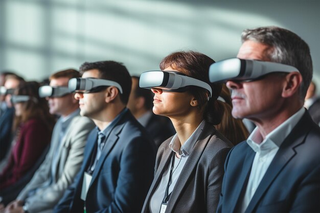 Grupo de personas en una conferencia sobre temas de negocios de gafas de realidad virtual