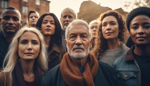 Un grupo de personas se paran en una multitud, uno de ellos está mirando a la cámara.