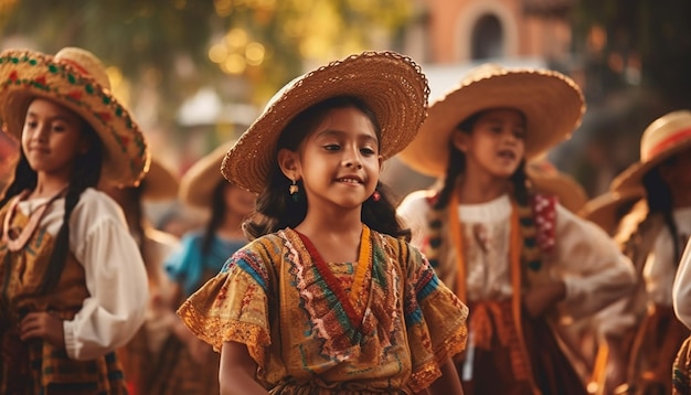 Grupo de personas con vestimenta tradicional sonriendo al aire libre IA generativa