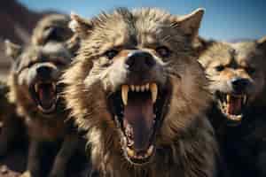 Foto gratuita grupo realista de hienas enojadas en el fondo