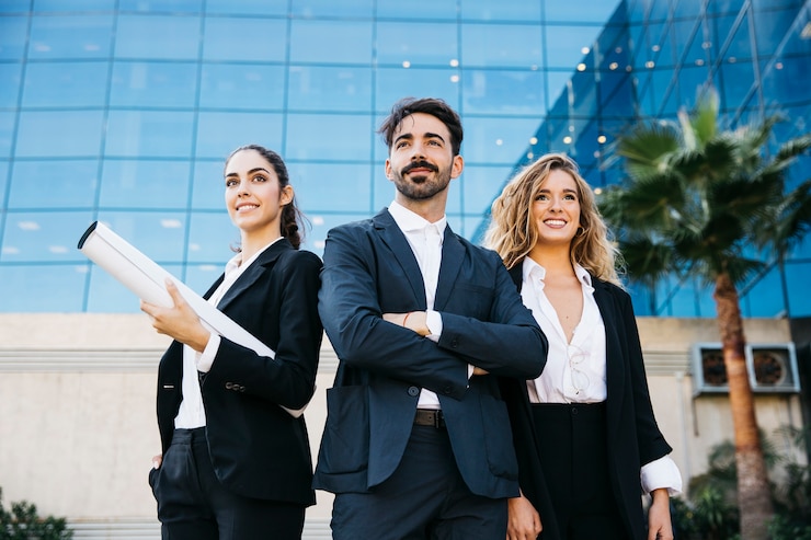 Foto gratuito grupo de tres modernos arquitectos
