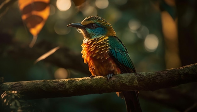 Guacamaya vibrante posada en una rama en la selva tropical generada por IA