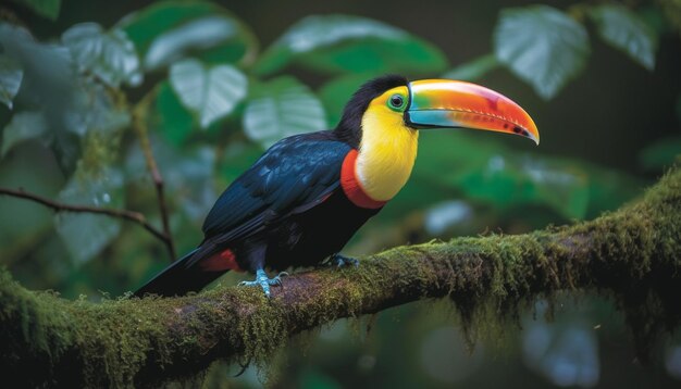 Guacamayo vibrante posado en la rama de un árbol en la selva amazónica generado por IA