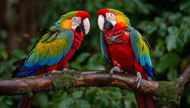 Guacamayo vibrante posado en una rama mirando a la cámara con amor generado por IA