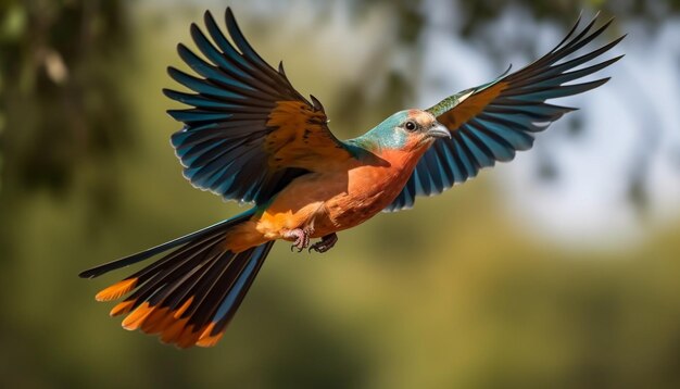 Guacamayo volando en colores vibrantes de la selva tropical extendiendo las alas en medio del aire generado por IA