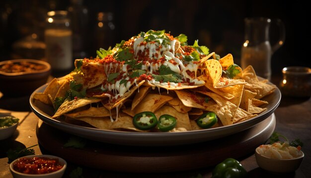 Foto gratuita guacamole fresco y taco en un plato de madera listo para comer generado por inteligencia artificial