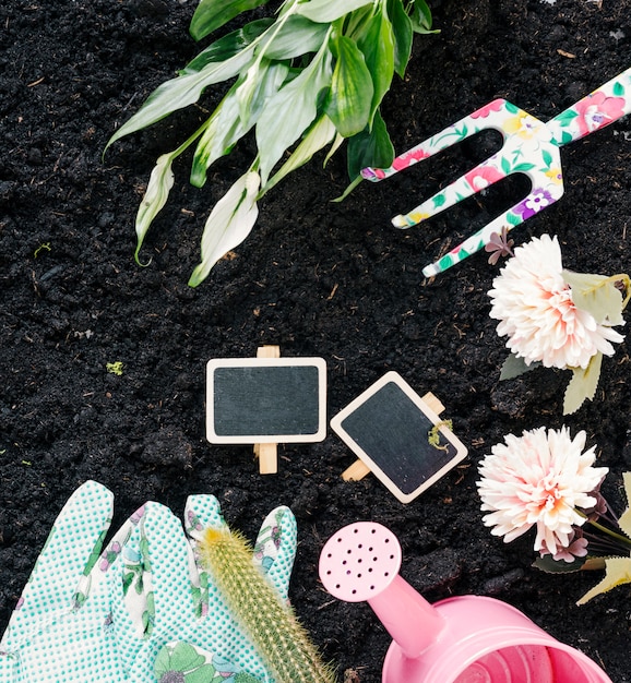 Guantes de la mano; regadera; flores; horquilla de jardinería y plantas sobre tierra negra