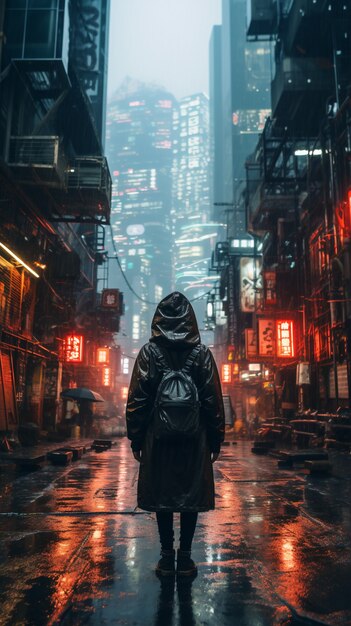 Guerrero cyberpunk mirando la ciudad