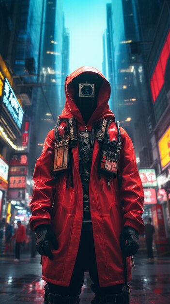 Guerrero cyberpunk en paisaje urbano