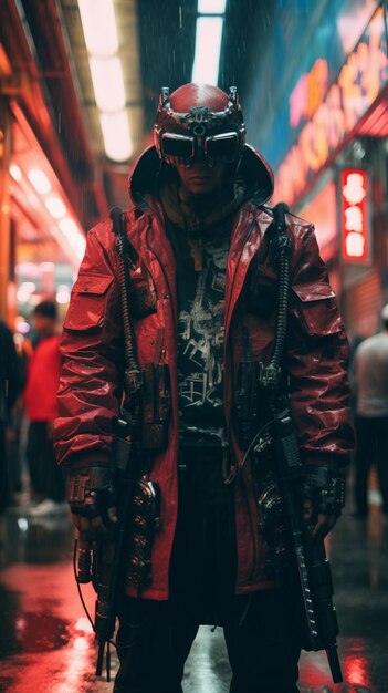 Guerrero cyberpunk en paisaje urbano